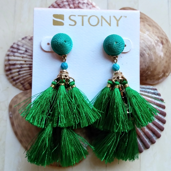Stony Jewelry - Stony Gold and Green Statement Tassel Earrings